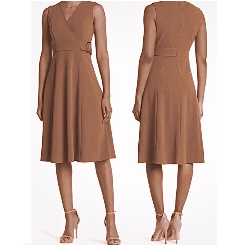 Calvin Klein Dress Side Buckle Minimalist V-neck Sleeveless Midi Neutral Career